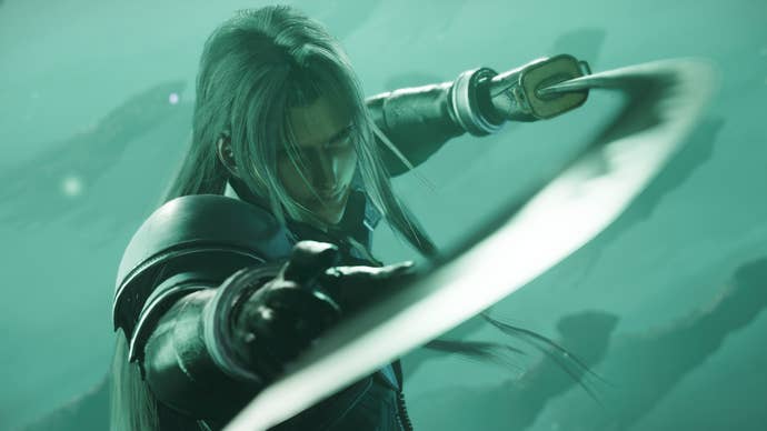 Close up of Final Fantasy 7 Rebirth’s villain Sephiroth pointing a long sword at the camera