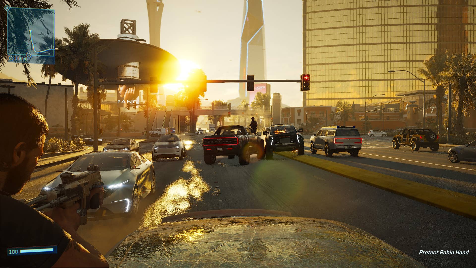 A screenshot of MindsEye, showing the player shooting at enemies from a vehicle window while being chased down a street.