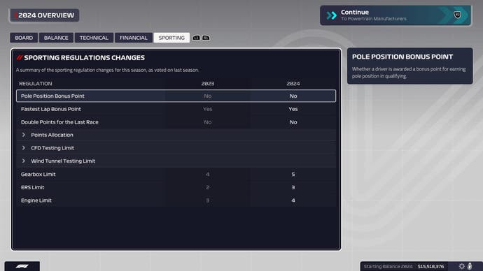 F1 Manager 2023 review screenshot, sporting regulation changes for 2024 season.