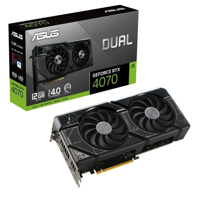 asus rtx 4070 dual graphics card, shown with its box