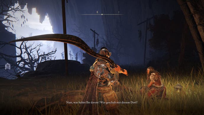 A warrior with a large sword approaches Nepheli Loux in a dark village in Elden Ring