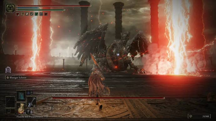 A warrior fights the Dragonlord Placidusax in Elden Ring.