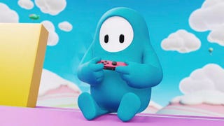 A Fall Guys bean character holds a red Nintendo Switch Joy-Con, presumably playing Fortnite.