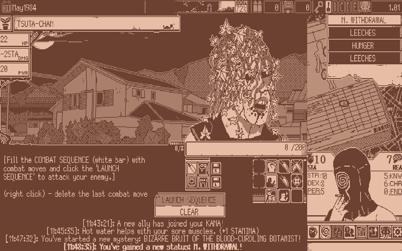 A screenshot from World of Horror showing a combat scenario against Tsuta-Chan, the animated corpse of a schoolgirl whose face is barely visible beneath hair made of cascading vines.