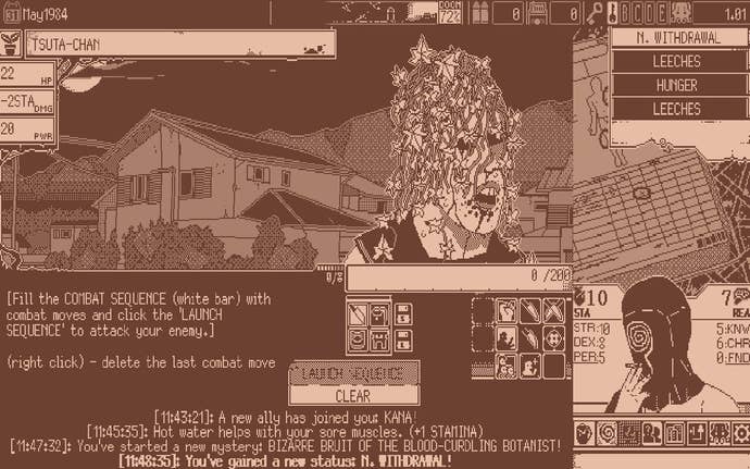 A screenshot from World of Horror showing a combat scenario against Tsuta-Chan, the animated corpse of a schoolgirl whose face is barely visible beneath hair made of cascading vines.