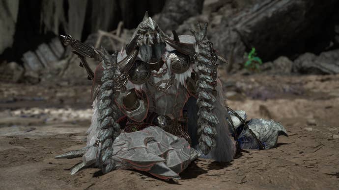 Playable anthropomorphic Arkveld in Monster Hunter Wilds.