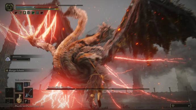 The Dragonlord Placidusax attacks with his red lightning claw attack in Elden Ring.