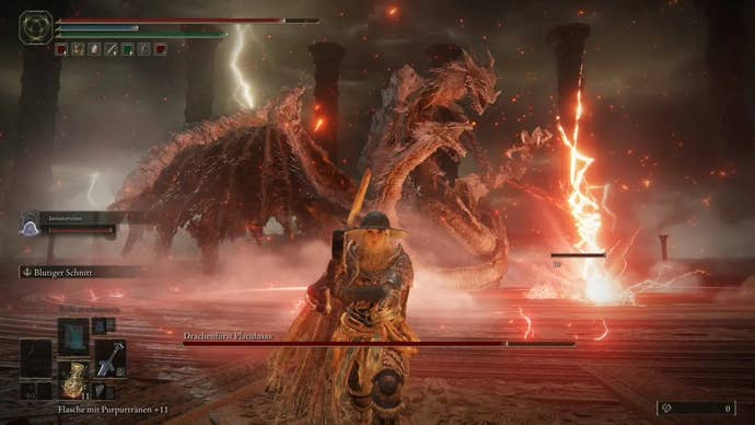 The two-headed Dragonlord Placidusax unleashes a lightning attack in Elden Ring.