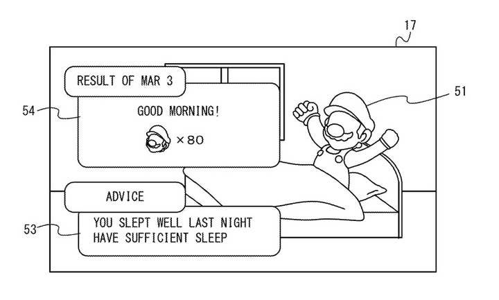 patent art image of Mario waking up in bed and stretching. He has no eyes or mouth. One text box says "Good morning!" and indicated Mario has x80 Marios left. A box labelled "Advice" says "You slept well last night. Have sufficient sleep."