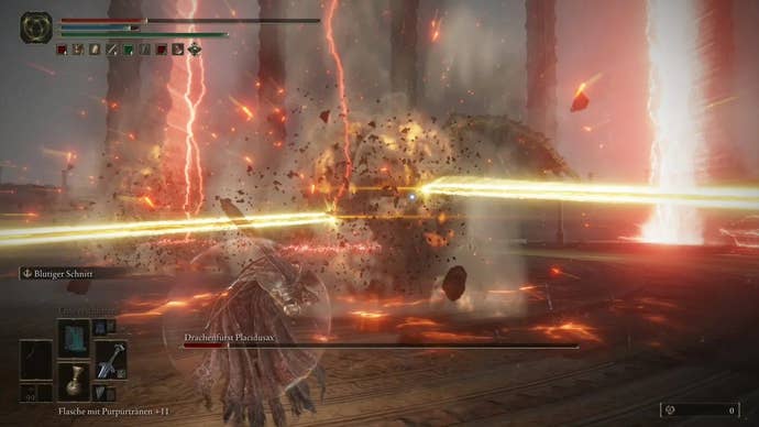 The Dragonlord Placidusax unleashes a laser beam attack in Elden Ring.