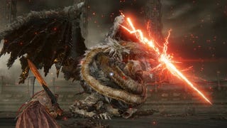 A warrior approaches the Dragonlord Placidusax in Elden Ring