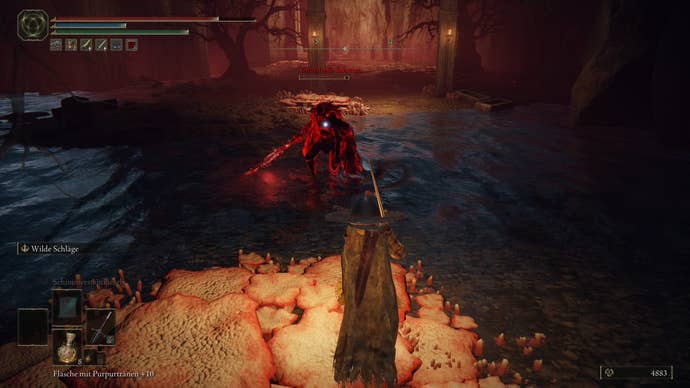 A warrior faces off against the Baleful Shadow in Nokstella in Elden Ring