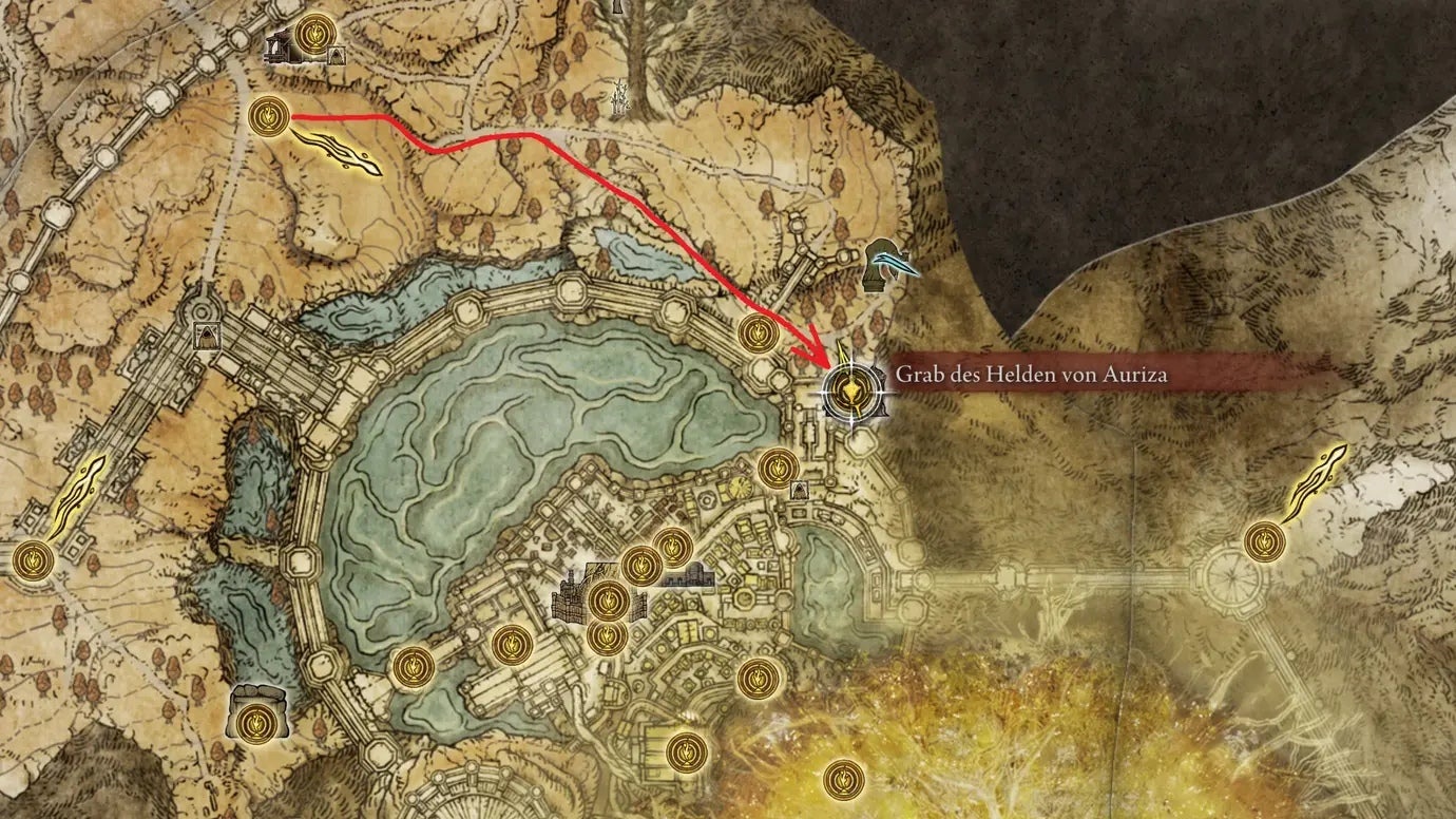 A map screen from Elden Ring showing the location of Auriza Hero&rsquo;s Grave in Leyndell, Royal Capital.