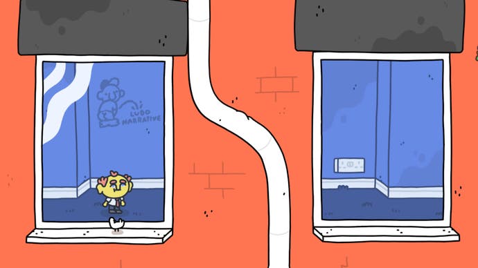 Thank Goodness You're Here! screenshot showing you through a window looking small