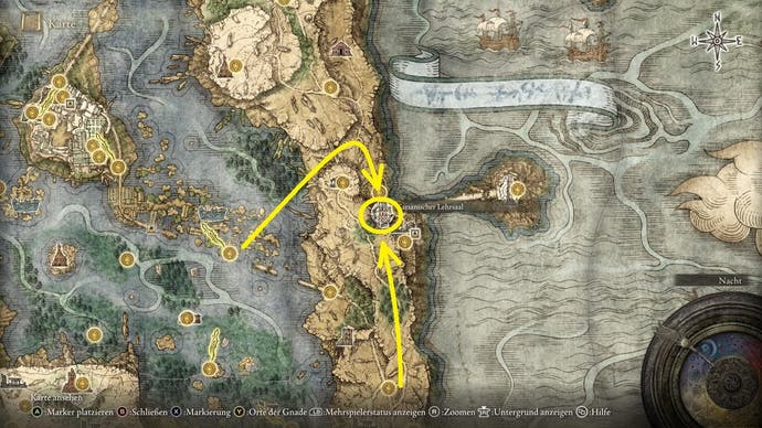 A map screen in Elden Ring with two yellow arrows pointing to Carian Study Hall.