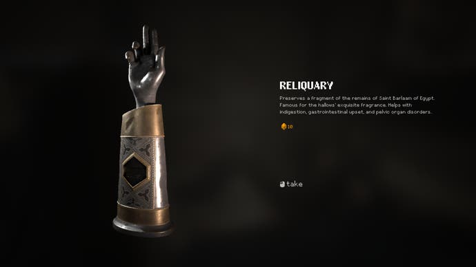 Indika screenshot showing a Reliquary item screen of a metal hand
