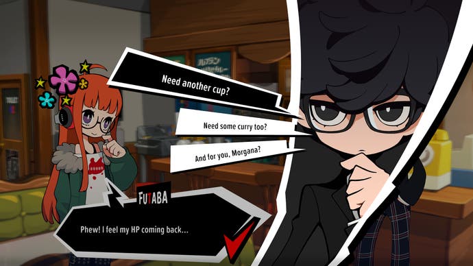A conversation moment in Persona 5 Tactica. We see the series' familiar comic panel presentation as we zoom into a characters' face and dialogue options spoke out from the side of them in jaunty-angled rectangular boxes.