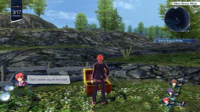 The Legend of Heroes: Trails into Reverie review screenshot, a red-haired man standing by a red and gold treasure chest on a rural path.