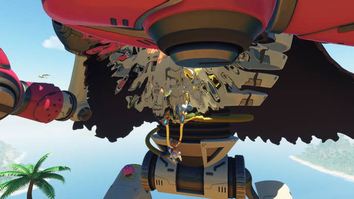 Astro Bot uses monkey hand attachments to climb the rib cage of a giant skeleton.