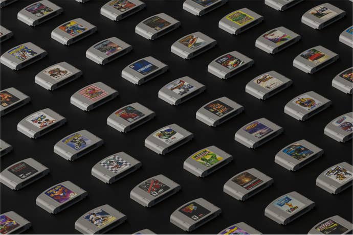 A grid of N64 carts, in a a very aesthetic pattern.