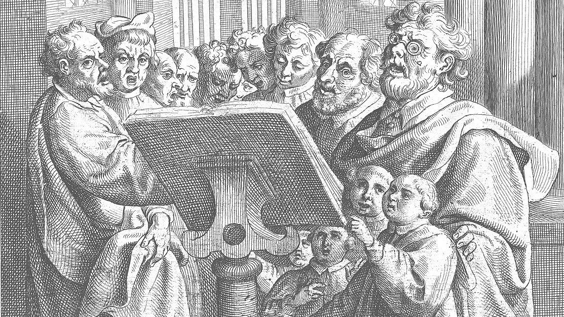 A drawing of a bunch of men and boys singing in a church - 1