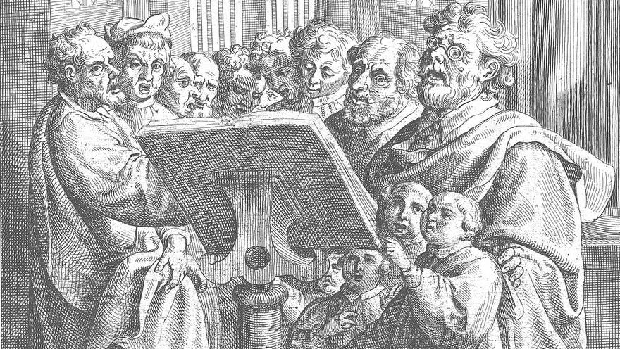 A drawing of a bunch of men and boys singing in a church