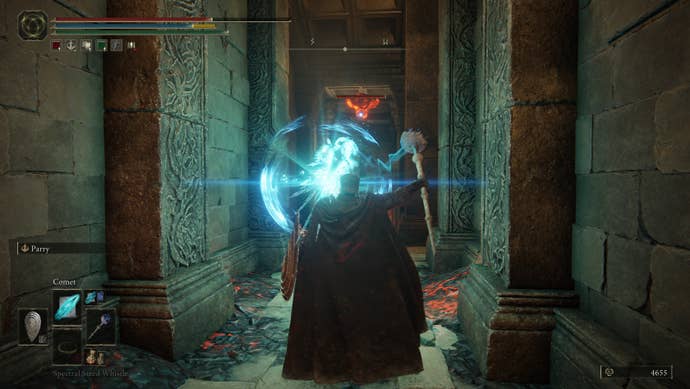 Taking out a magma ooze that’s about to drop from the ceiling with magic in Elden Ring: Shadow of the Erdtree.