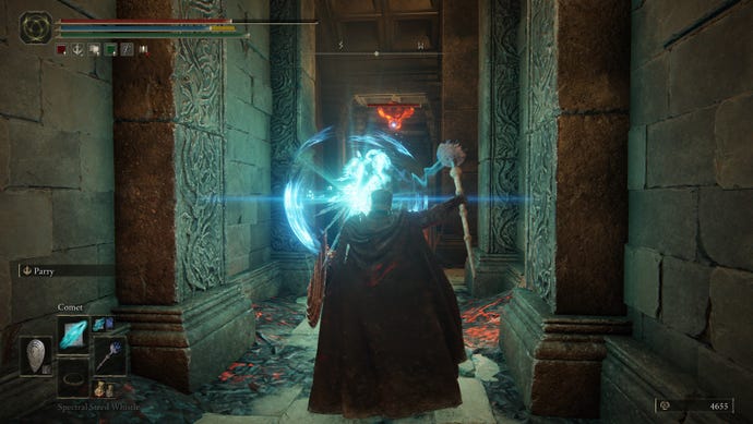 Taking out a magma ooze that's about to drop from the ceiling with magic in Elden Ring: Shadow of the Erdtree.