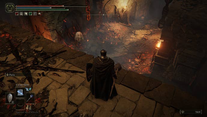 Standing on a platform overlooking a large room in the Ruined Forge Lava Intake dungeon Elden Ring: Shadow of the Erdtree.