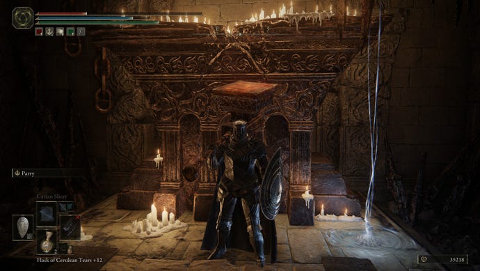 Standing victorious at the altar at the end of the Ruined Forge Lava Intake in Elden Ring: Shadow of the Erdtree.