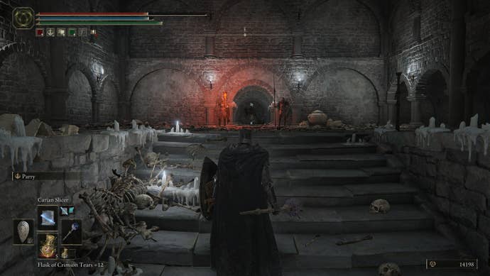 A Tarnished stands before a stairway with three knight enemies in the distance in Elden Ring: Shadow of the Erdtree.