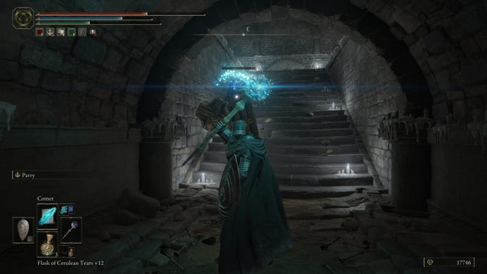 A Tarnished fights a black knight with a massive hammer and shield in Elden Ring: Shadow of the Erdtree.