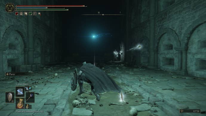 Dodging several projectiles in the Darklight Catacombs in Elden Ring: Shadow of the Erdtree.