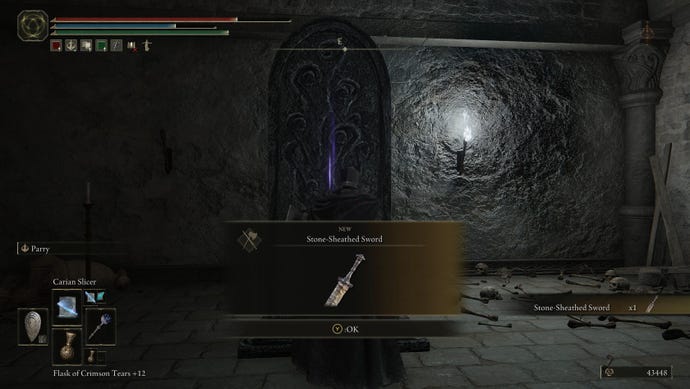 A screenshot showing the player acquiring a Stone-Sheathed Sword in Elden Ring: Shadow of the Erdtree.