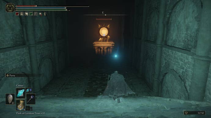 A giant imp stands in the darkness about to blast an oncoming Tarnished with a fireball in Elden Ring: Shadow of the Erdtree.