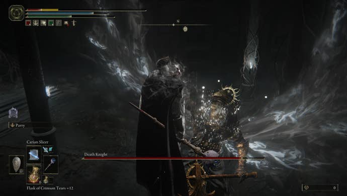 The Death Knight delivers a punishing blow to the player, lifting them up in Elden Ring: Shadow of the Erdtree.