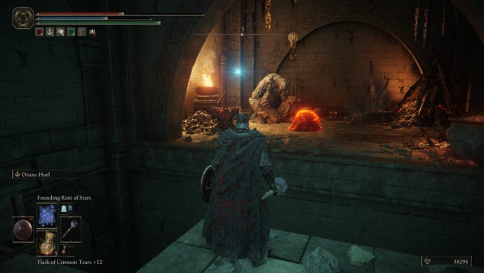 A golem smith pets its magma ooze buddy in Taylew's Ruined Forge in Elden Ring: Shadow of the Erdtree. Unfortunately, the Tarnished stands ready to kill them.