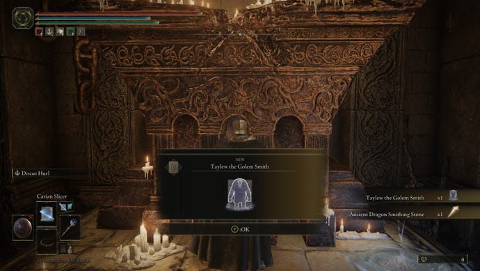 Receiving Taylew The Golem's Spirit Ashes in Elden Ring: Shadow of the Erdtree.