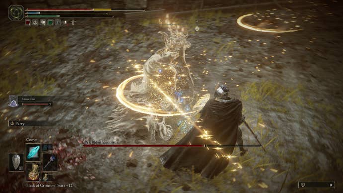 Dodging arc-shaped projectiles fired by the boss Jori, Elder Inquisitor in Elden Ring: Shadow of the Erdtree.