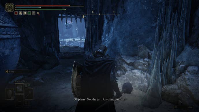 A Tarnished in Elden Ring: Shadow of the Erdtree speaks with a ghost who exclaims: “Oh please. Not the jar… Anything but that!"