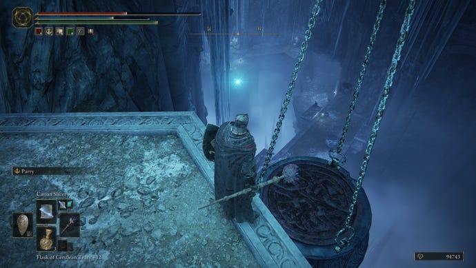 A Tarnished stands by a jar overlooking a platform in Elden Ring: Shadow of the Erdtree's Bonny Gaol.