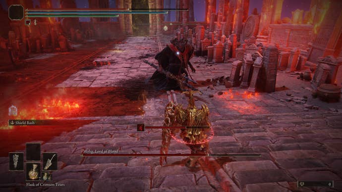 A Tarnished strafes around Mohg, the Lord of Blood, in one of Elden Ring’s toughest boss fights.