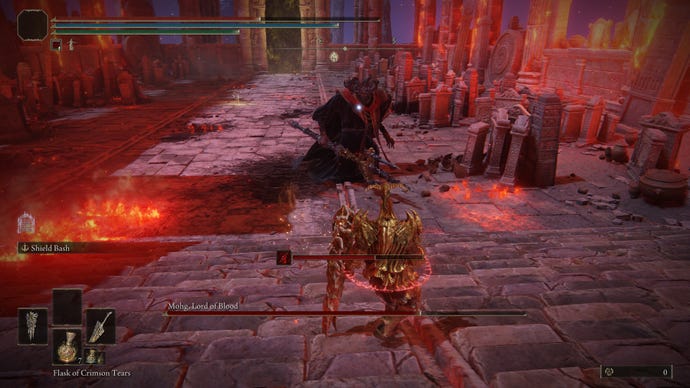 A Tarnished strafes around Mohg, the Lord of Blood, in one of Elden Ring’s toughest boss fights.