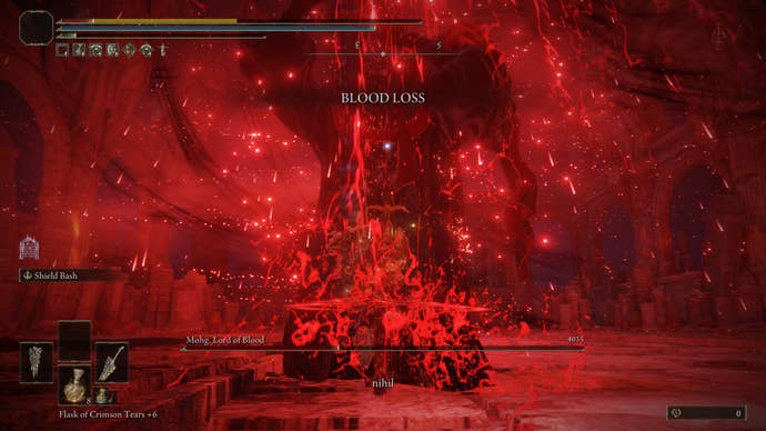 Mohg screams out “Nihil” as he unleashes massive damage and Blood Loss on the player in Elden Ring.
