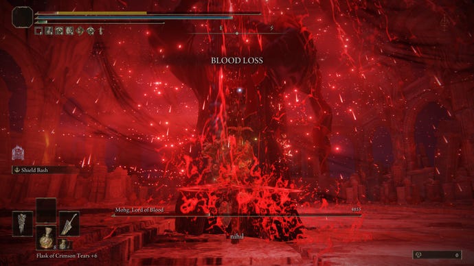 Mohg screams out “Nihil” as he unleashes massive damage and Blood Loss on the player in Elden Ring.