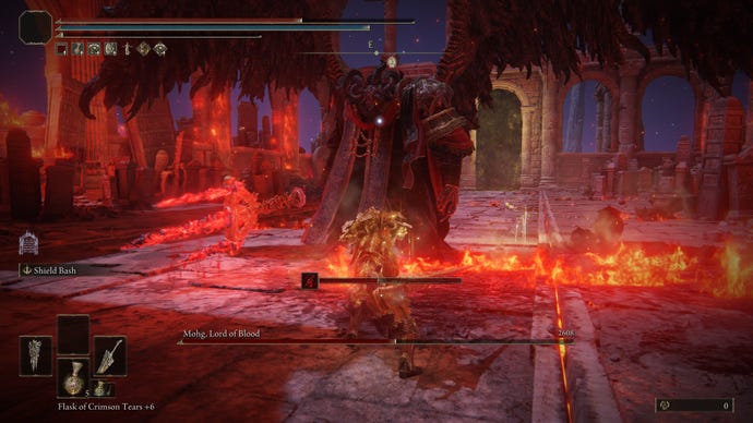 Mohg stands with outstretched wings as the second half of his boss battle ensues in Elden Ring.