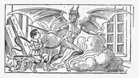 A drawing of a devil menacing a young boy