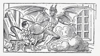 A drawing of a devil menacing a young boy