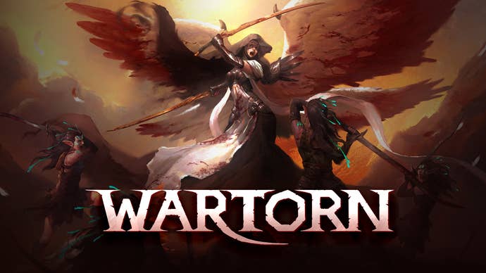 A winged woman with a sword battling another, elven woman in promotional art for Wartorn