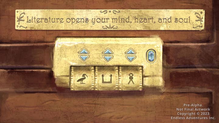 A close-up image of a lock on a chest of some kind. There are three dials the player can turn like a combination lock, but each has glyphs on them instead of numbers. A plaque above the lock reads: "Literature opens your mind, heart, and soul"